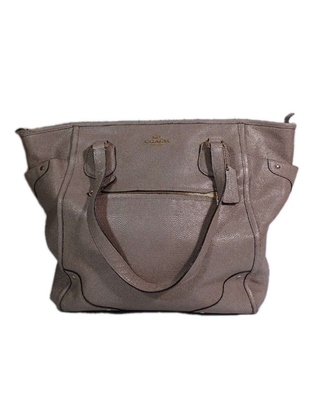 Coach Mickie 18x14 Zipper Pebbled Leather Tote Metallic Taupe Gold Hardware - Picture 4 of 16